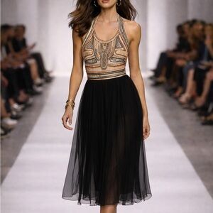 Anthropologie Blank London Black Midi Dress Velevt Beaded Embroidered Halter